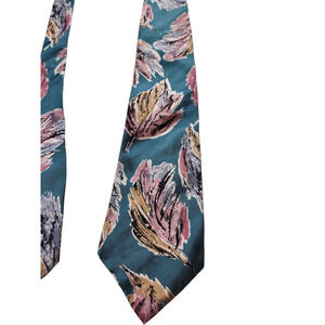 Oscar de la Renta Mens Tie Vintage Floral Print Teal Pink Neckwear Necktie